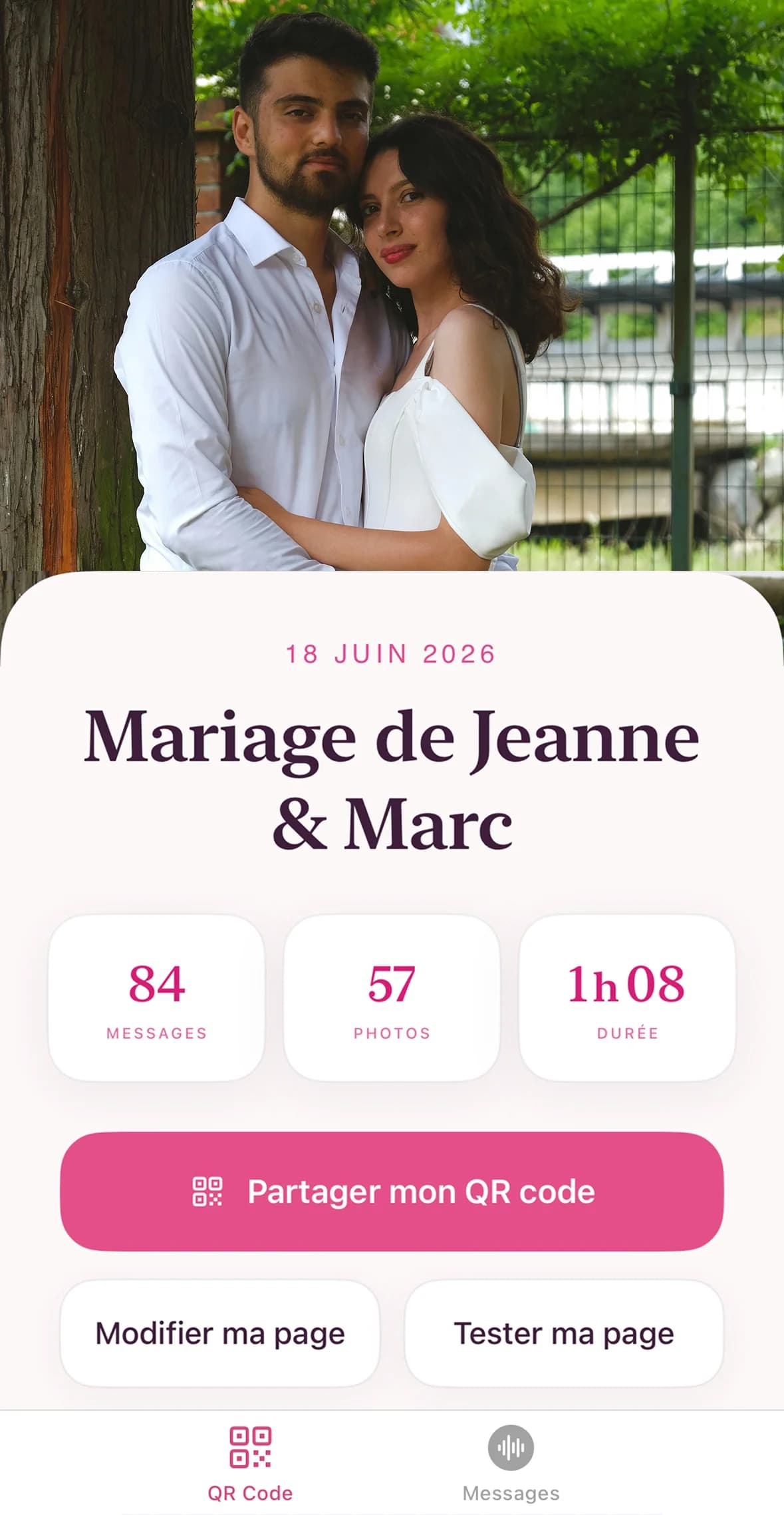 Tableau de bord Mariage Audio avec QR code